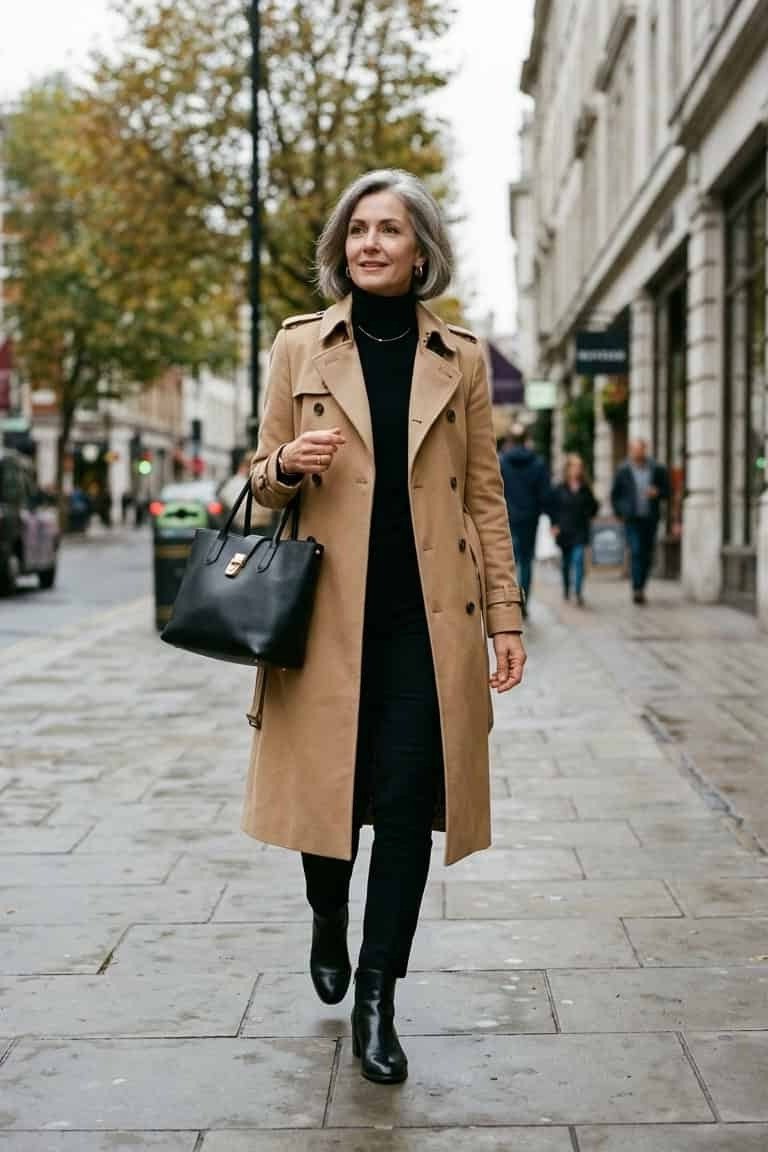 Camel Coat and Black Ankle Boots - fall outfit idea for women over 50