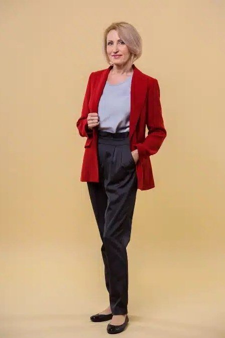 Red Blazer with Gray Trousers - business outfit for women over 50