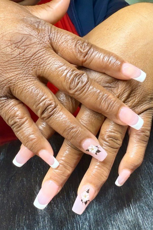 Pink and White French Gel Nails with Glitter - short gel nail idea for women over 50
