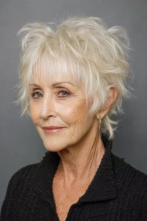 White shaggy choppy pixie bob with bangs for older women