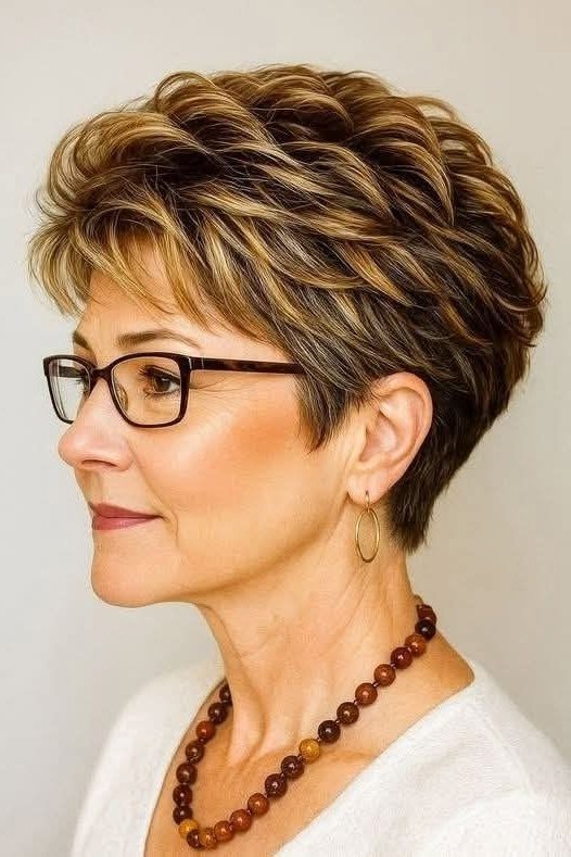 Brown layered pixie, side view, glasses, classic hairstyle for women over 70