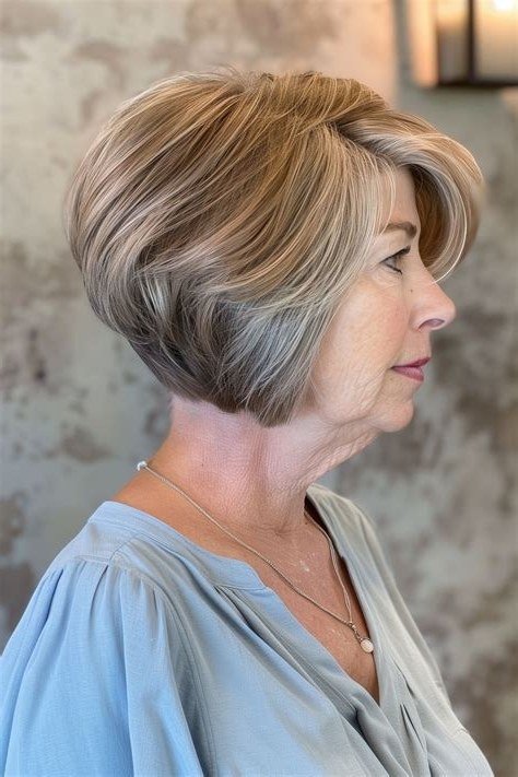 Rounded brunette bob side view, light blue top, short layered bob hairstyle for women over 60
