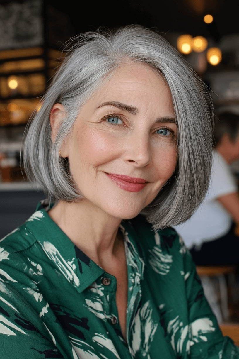 Chin-Length Silver Bob - grey hairstyle for women over 60