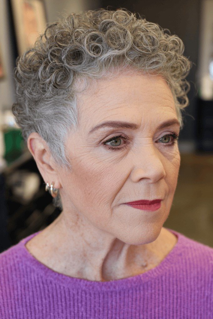 Tight Silver Ringlet Crop - short curly hairstyle for women over 60