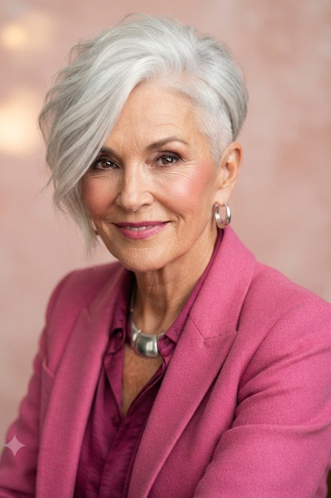 Silver pixie with deep side part for older women