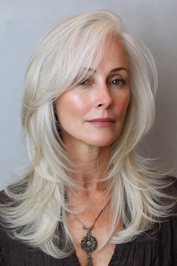 platinum long straight hairstyle with full bangs, front view for women over 50