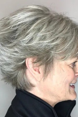 Silver feathered pixie, lifted crown, side view for women over 60