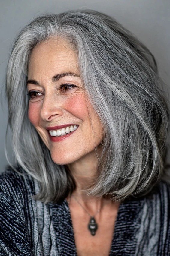 Classic silver shoulder length lob haircut for women over 60