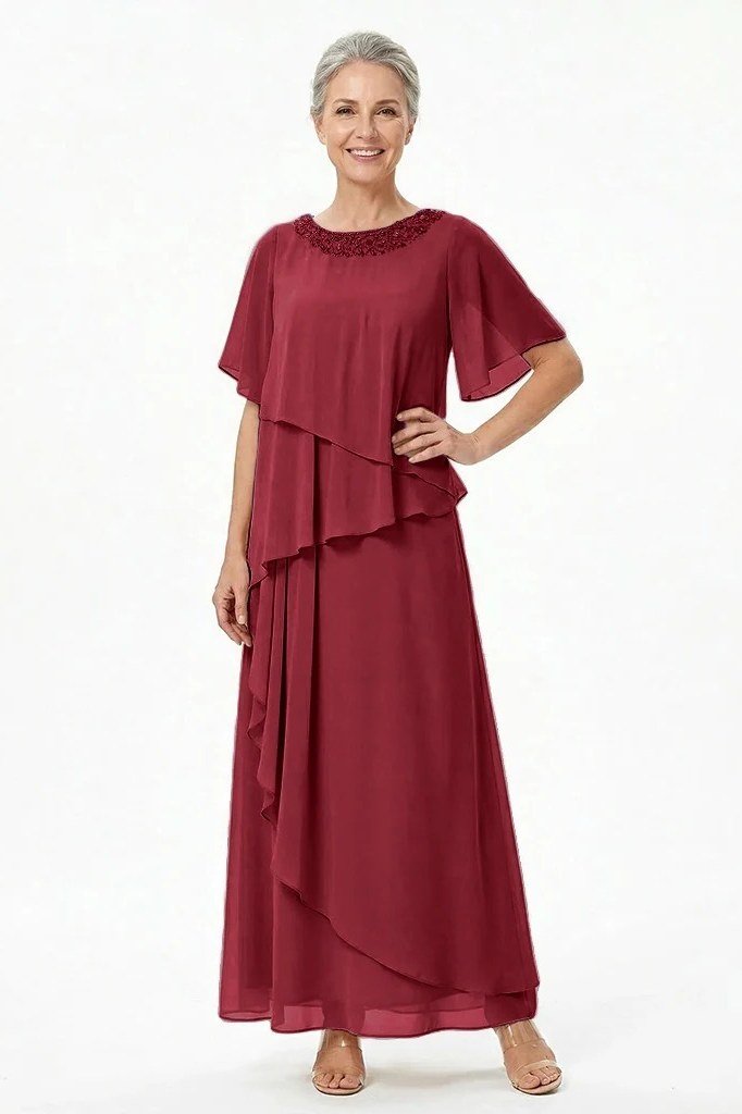 Wine-red tiered flutter-sleeve maxi gown for women over 50, fall date night outfit