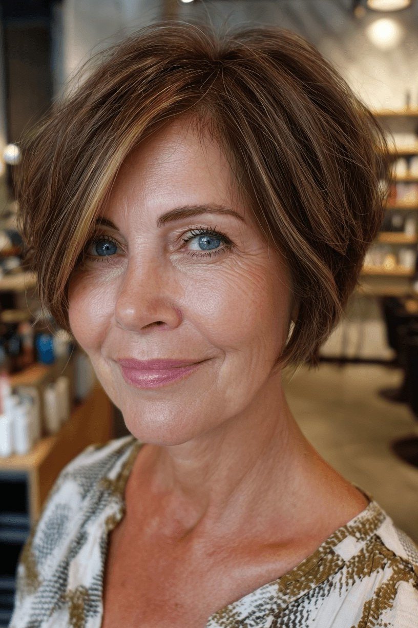 Brown pixie bob, front view, smiling - wispy hairstyle for women over 40