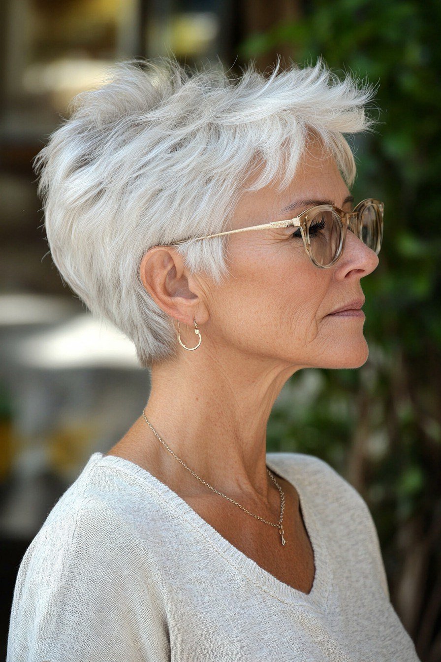 White Pixie with Sunglasses - timeless hairstyle for women over 60