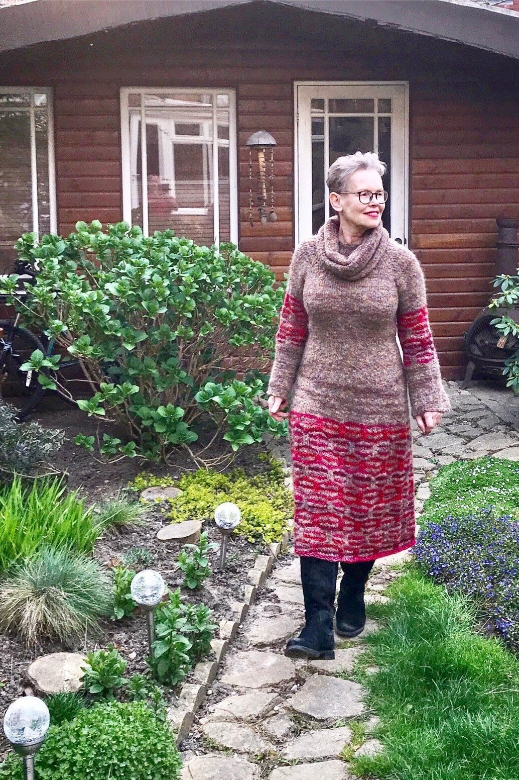 mauve cowl neck knit midi for women over 60