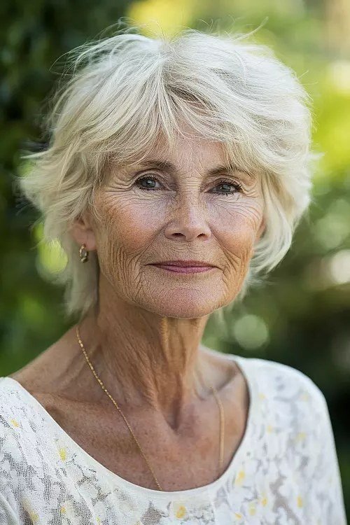 Wispy White Short Shag, layered hairstyle for women over 70