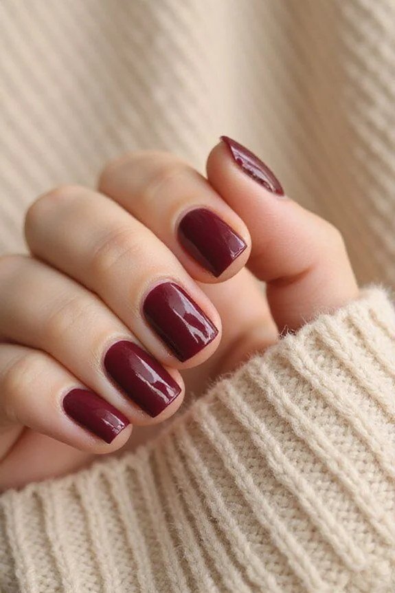 Glossy burgundy oxblood solid, almond shape, short-medium length, cream knit sweater cuff, fall nail color for women over 40