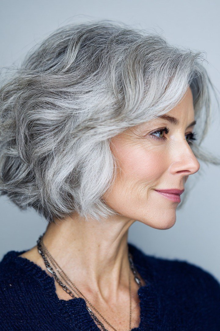 Silver-Grey Layered Wavy Bob - curly bob hairstyle for women over 50