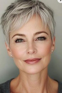 Short silver pixie with long side swept fringe