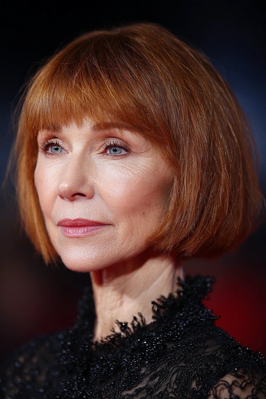 Copper Red Bob with Feathered Bangs, chic bob haircut for women over 50