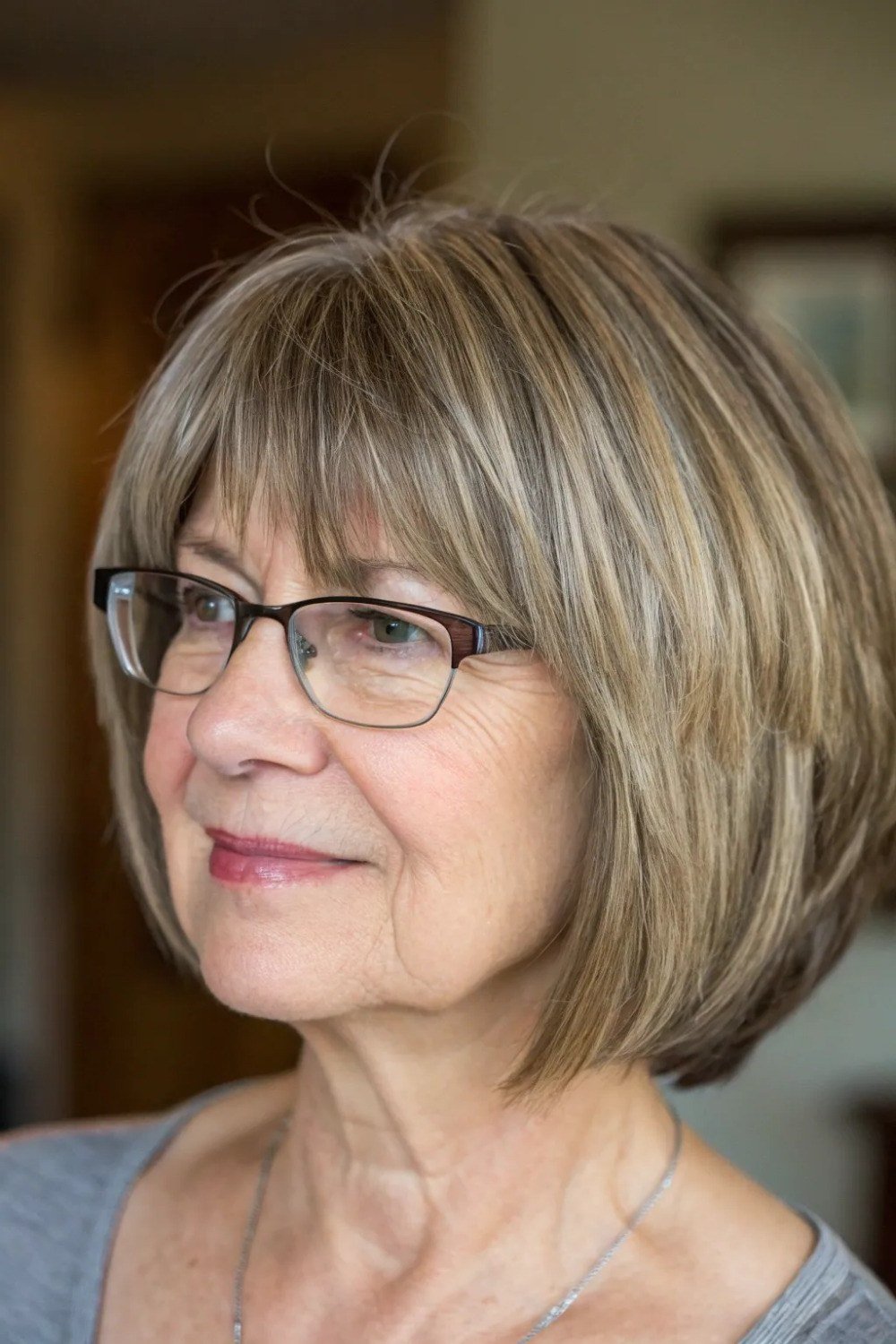 layered brown bob with bangs, 3/4 view, medium length hairstyle for women over 60