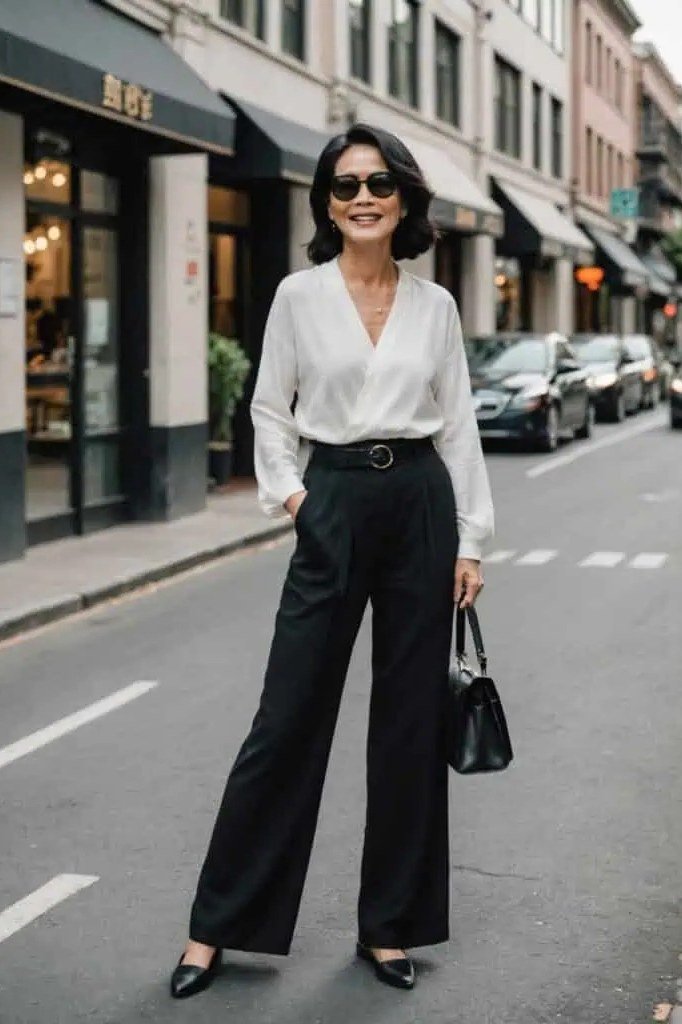White blouse with black wide leg trousers for women over 70