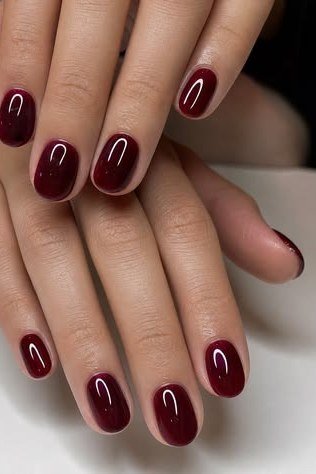Burgundy short square nails, fall nail design for women over 60