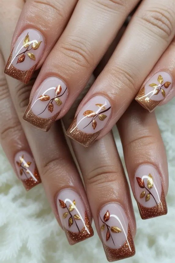 Nude gel nails with gold leaf line art, delicate fall nail art for mature hands