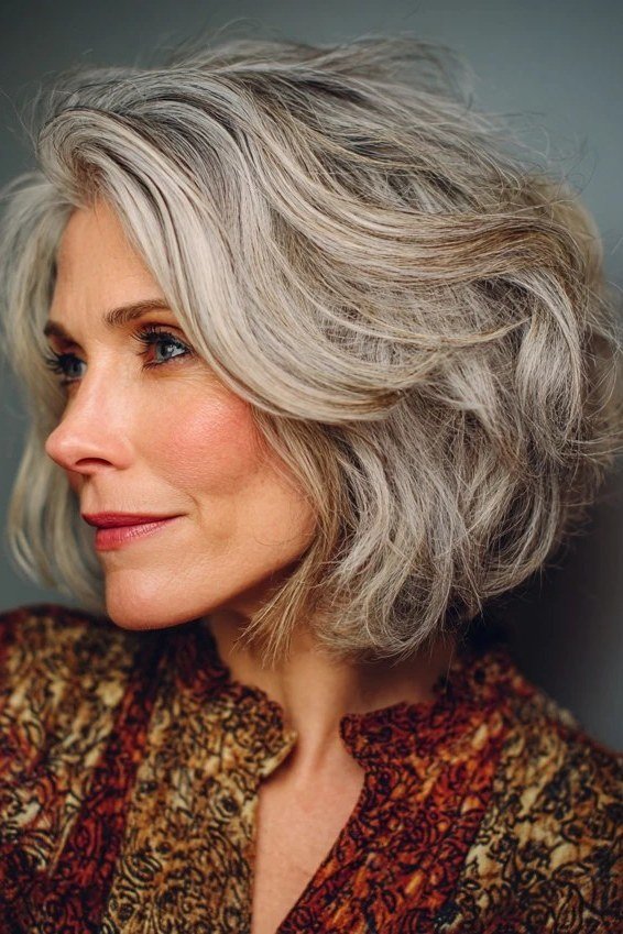 Silver Side-Swept Wavy Bob - shaggy bob haircut for women over 60