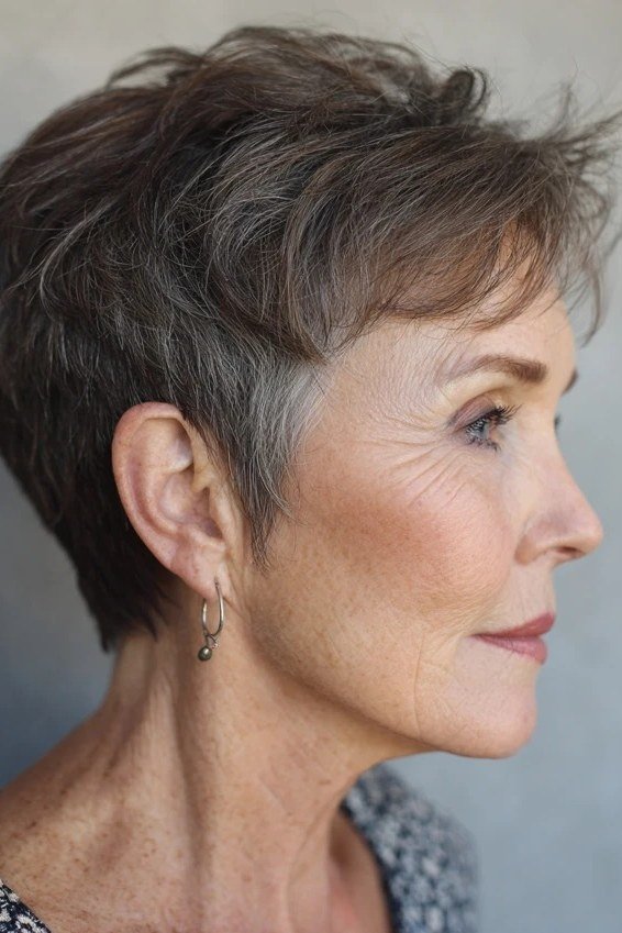 Grey pixie with stacked back - trendy short haircut for older women with fine hair