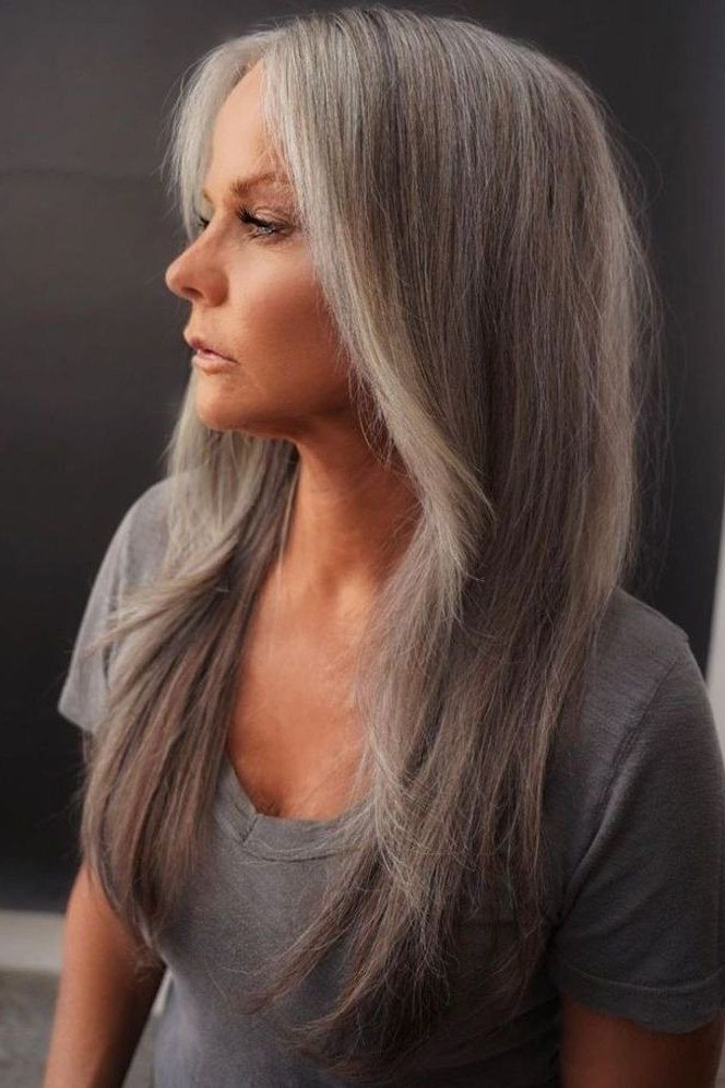 long silver grey hair flowing, side view