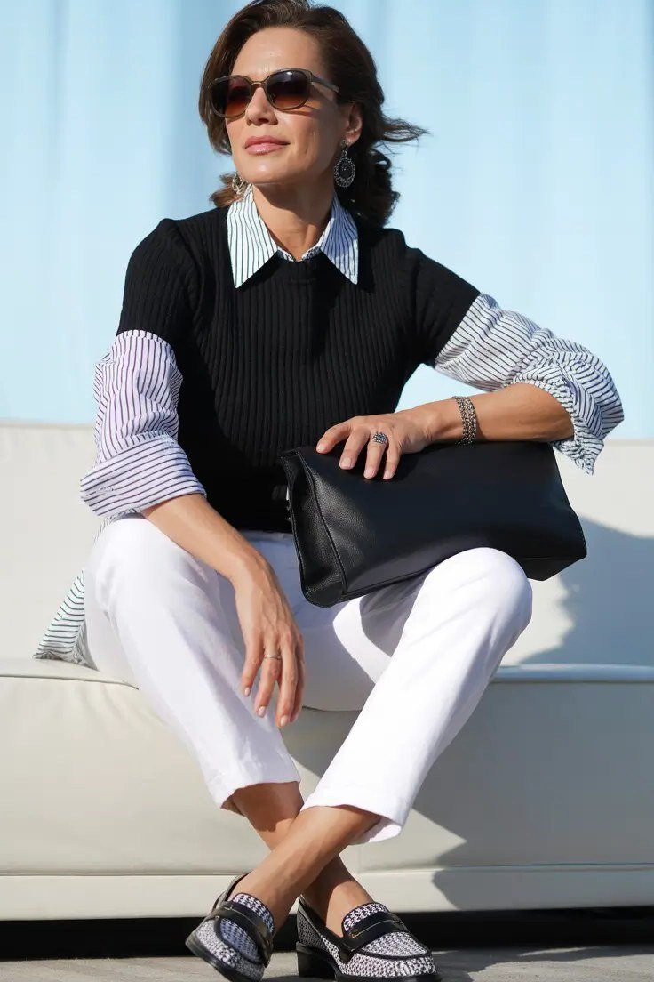 Black sweater layered over striped shirt with white jeans, smart casual outfit for women over 40
