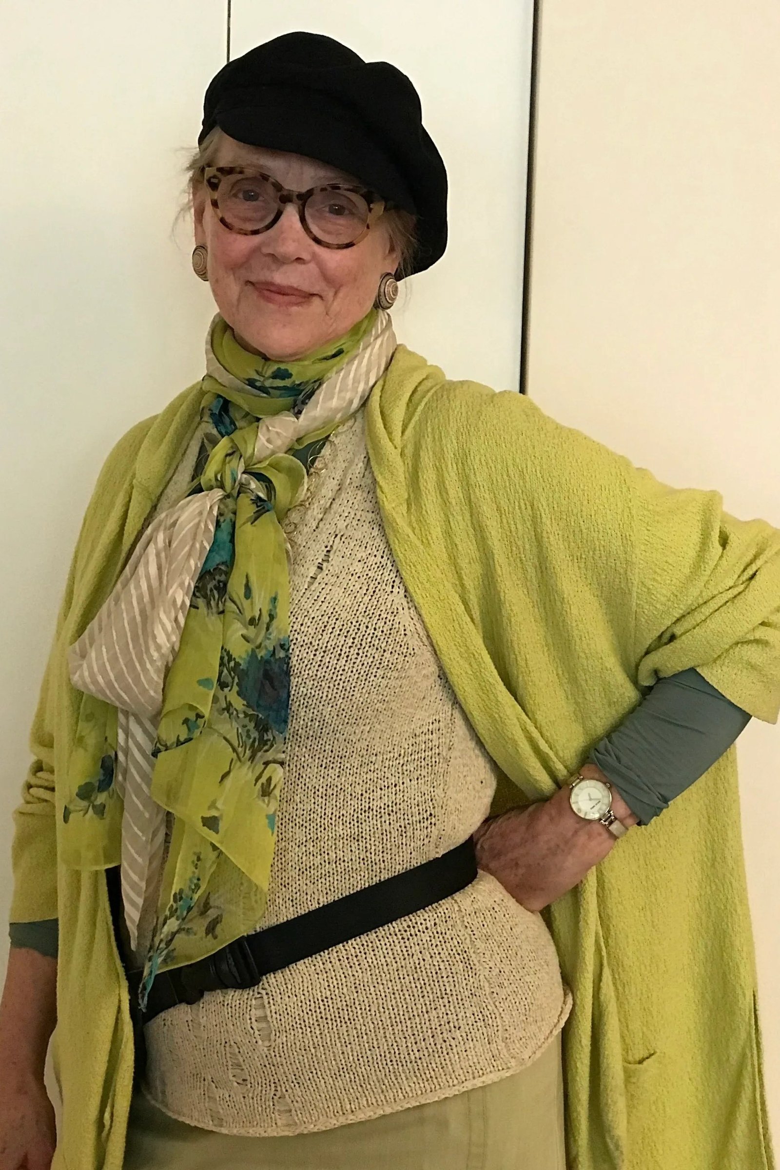 Lime Green Cardigan With Scarf and Hat - flattering outfit idea for women over 50, how to dress better over 50