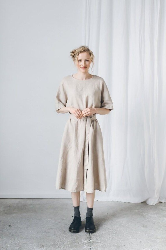 Grey loose midi dress with black boots, studio for women over 60
