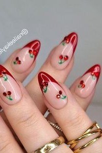Cherry Red Almond with Cherry Art - elegant nail art idea for mature hands, women over 50