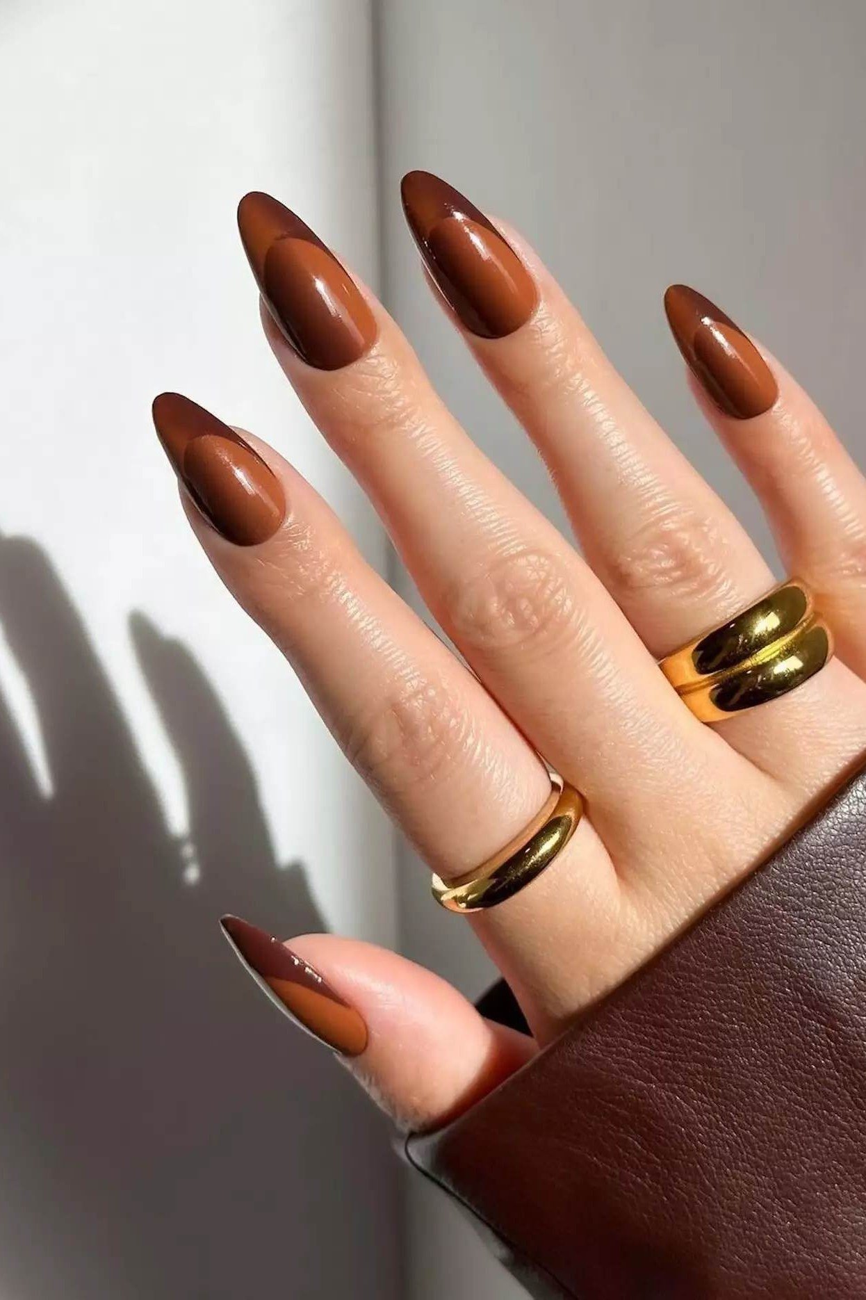 Chocolate Brown Almond Nails with Gold Rings, chocolate brown fall nail design for women over 60