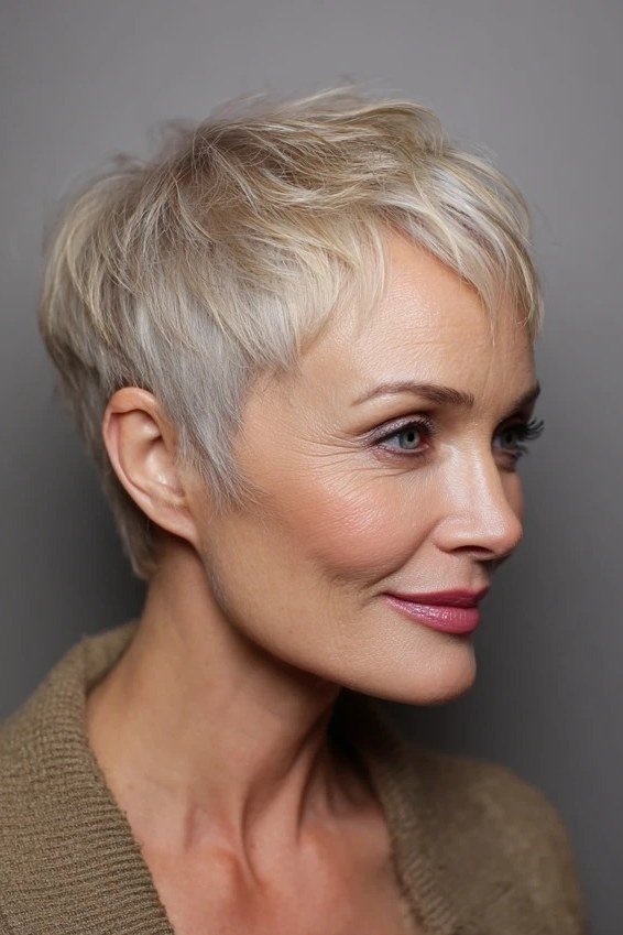 short salt and pepper crop pixie for older women, side view