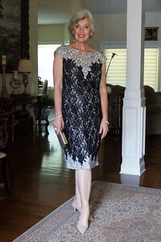 navy lace dress, older woman indoors, elegant cocktail dress for women over 60