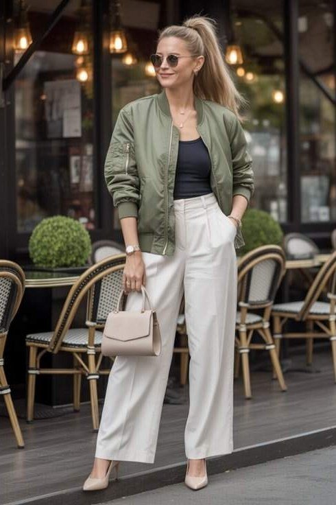 Fall city outfit for women over 50: green bomber jacket white wide leg trousers