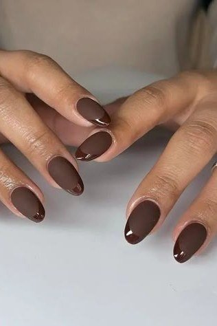 Chocolate Brown Almond Nails with Cream Knit - brown nail idea for women over 50