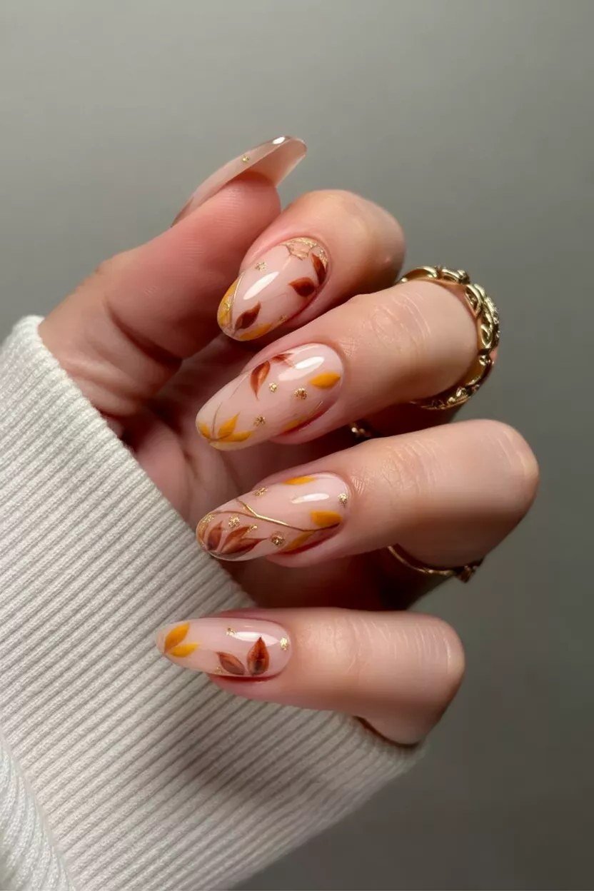 12. Delicate Autumn Leaf Art on Nude Nails - Thanksgiving nail art idea for women over 50