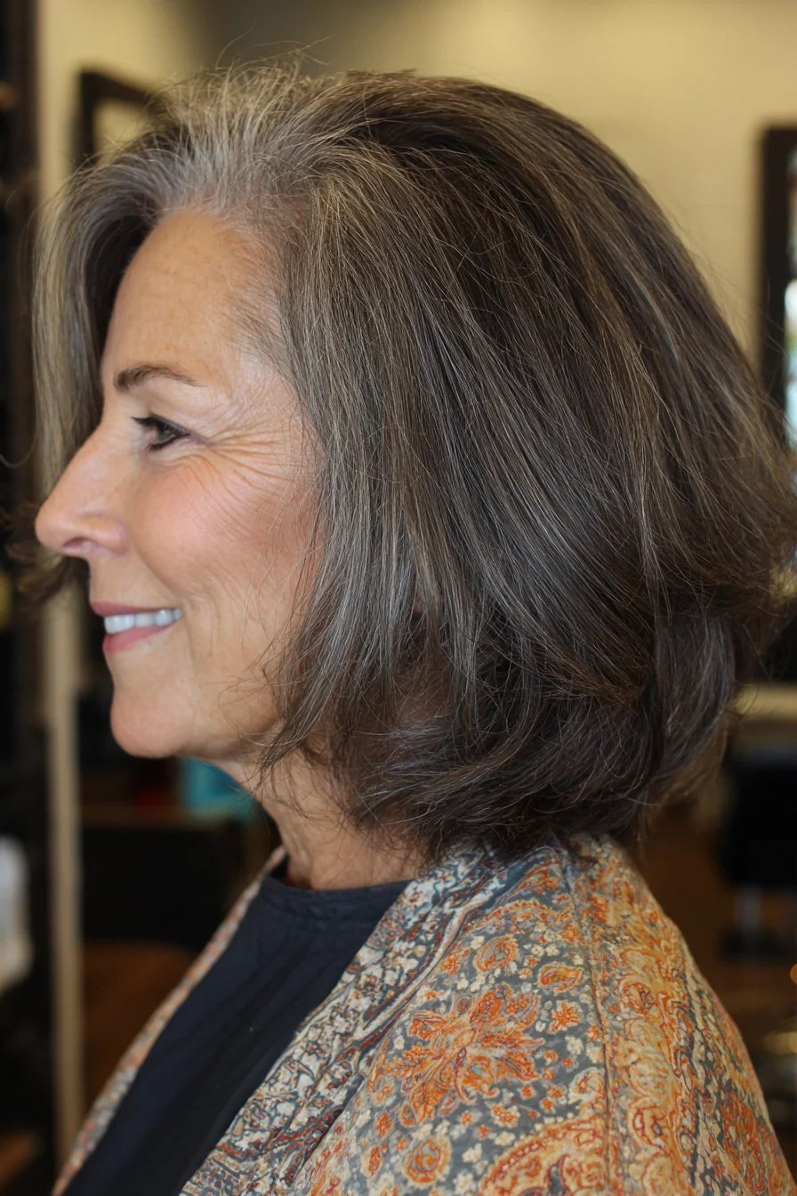 Dark Silver Layered Lob - layered lob hairstyle for women over 60