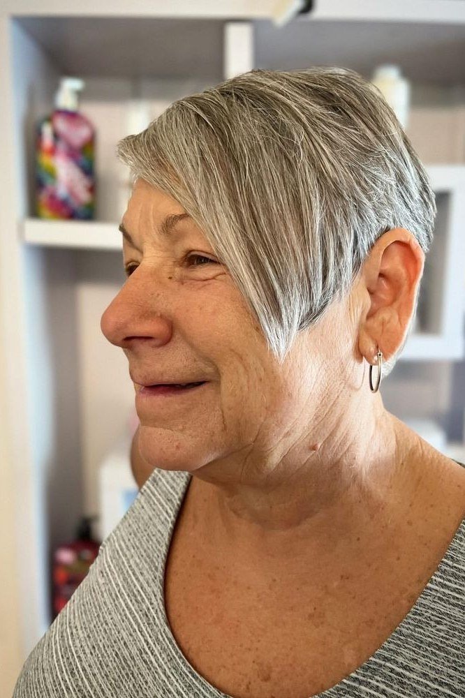Gray Side-Swept Pixie in Green - sassy hairstyle for older women