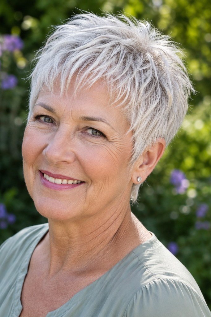 Silver pixie haircut with bangs and sage top for women over 60 smiling
