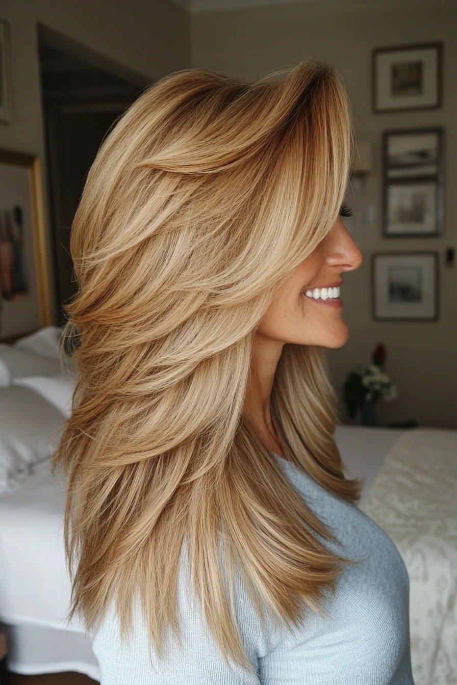 Long golden-brown feathered layers for women over 50