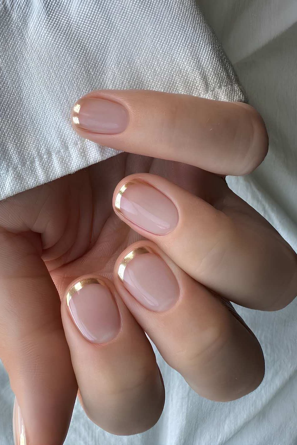 Gold Hairline Luxe - micro french manicure with ultra-thin tip line, elegant nail design for women over 50