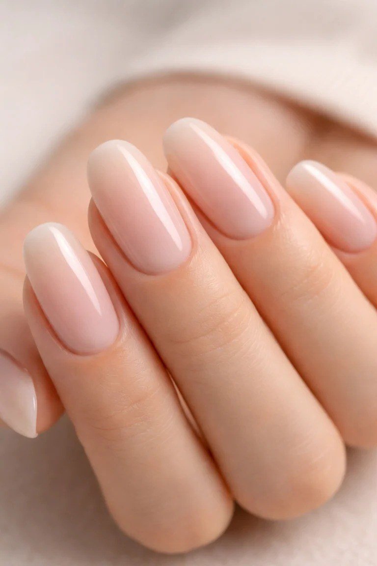 milky pink short square nails glossy