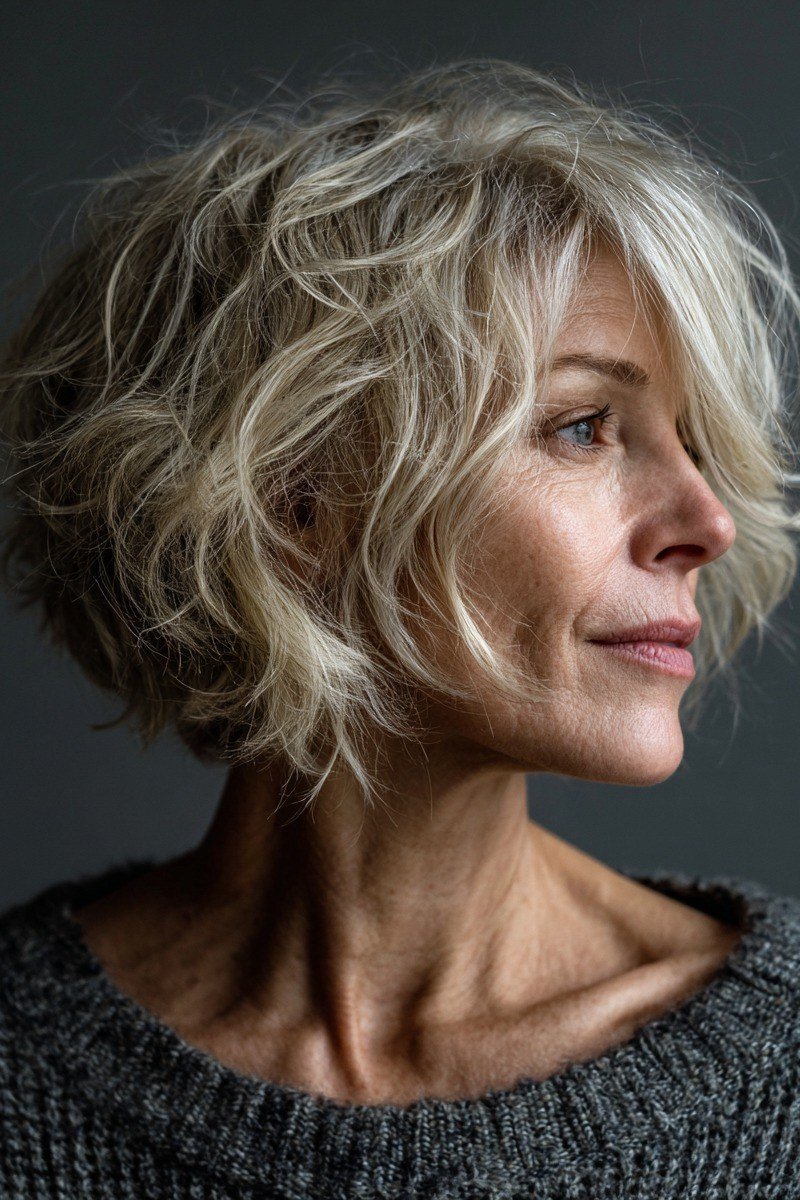 blonde textured bob with curtain fringe - textured bob haircut idea for women over 60