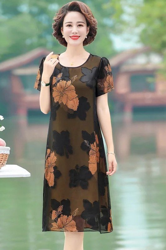 Breezy summer dress for women over 60: sage and gold floral dress