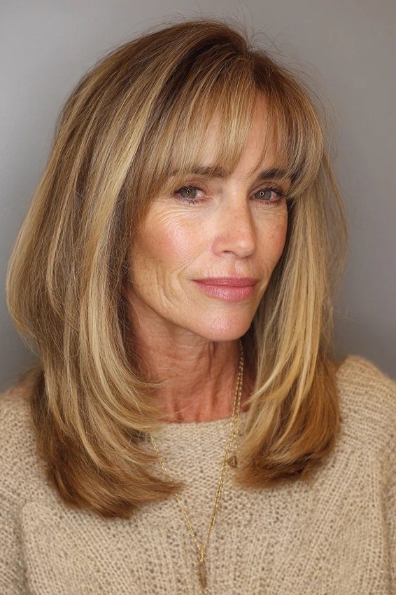 Honey Blonde Butterfly Cut with Bangs - butterfly cut hairstyle for women over 60