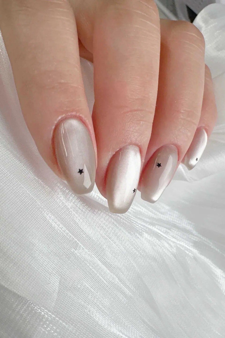 White Pearl Short Oval Bridal Nails - pearl finish nail idea for women over 60