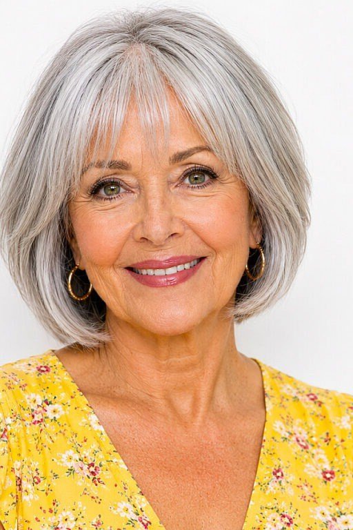 Rounded Silver Bob with Wispy Bangs - medium hairstyle for women over 60