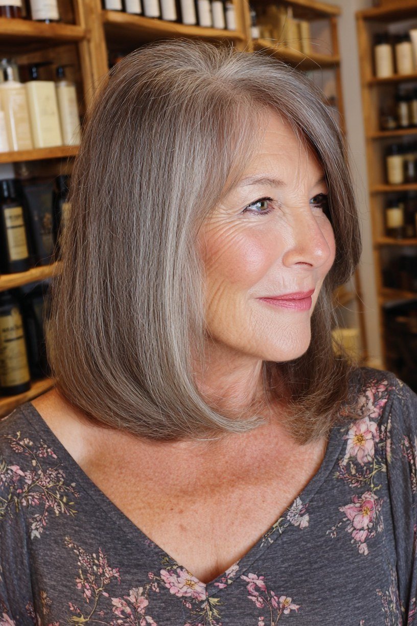Straight gray lob falling just past the shoulders for women over 60